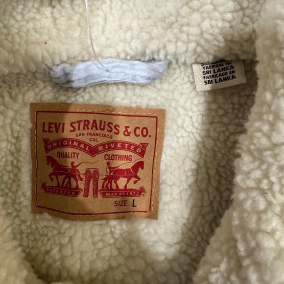 Levi’s Ex-Boyfriend Sherpa Trucker Jacket L Blue Stripe Corduroy NWT - Picture 7 of 8